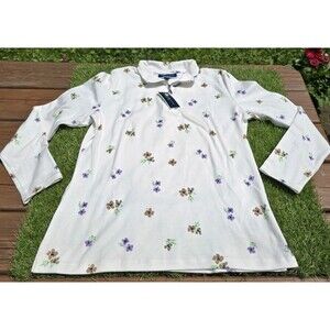 Karen Scott Sport Womens Small Floral 1/4 Zip Pullover Top Winter White   NWT